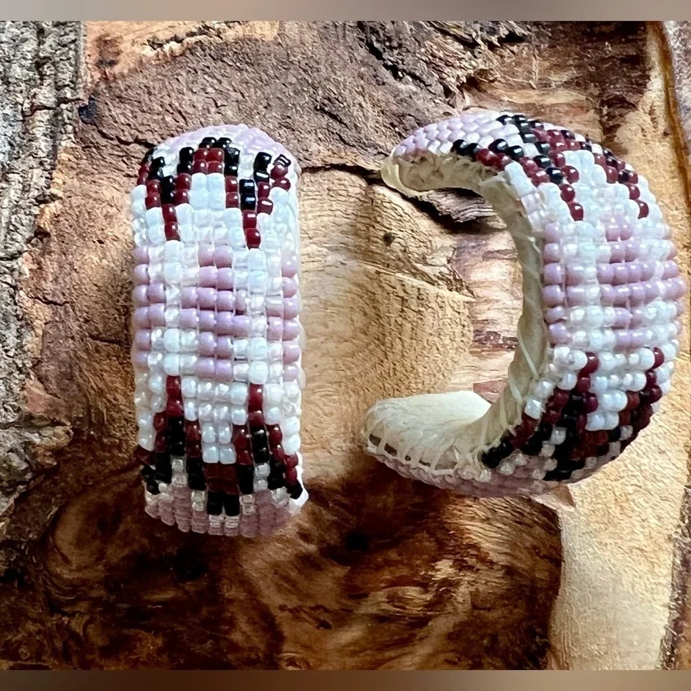 Native American Beaded Wide Hoop Earrings Post Back Purple White Burgundy Black